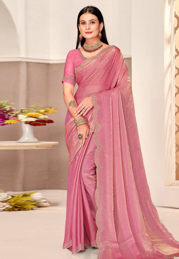 Pink Satin Silk Saree With Blouse