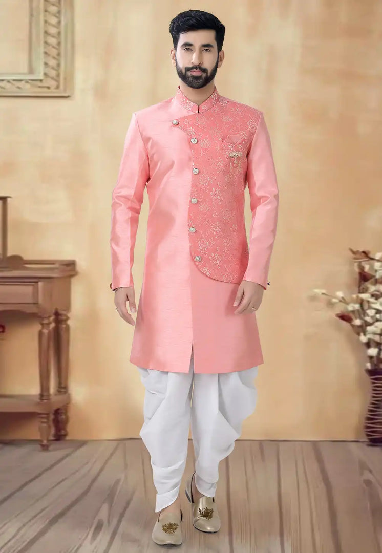 Pink Silk Dhoti Sherwani