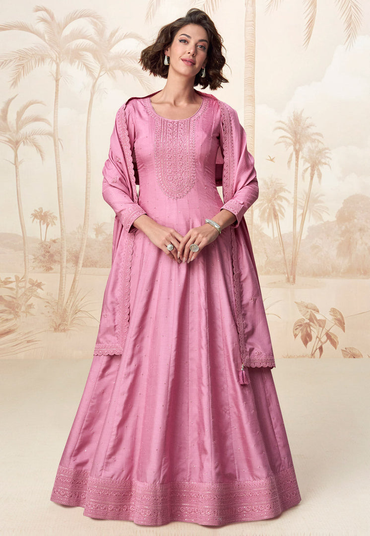 Pink Silk Floor Length Anarkali Suit
