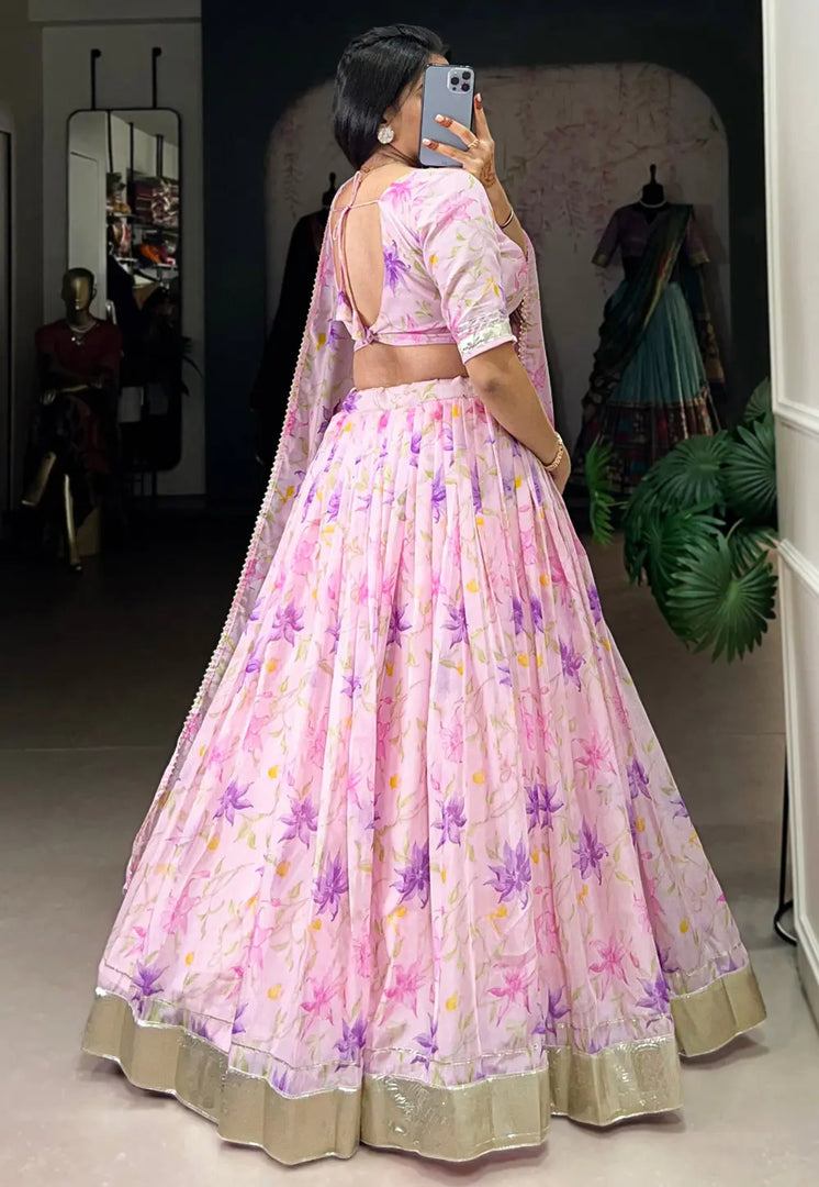 Pink Silk Floral print Lehenga choli
