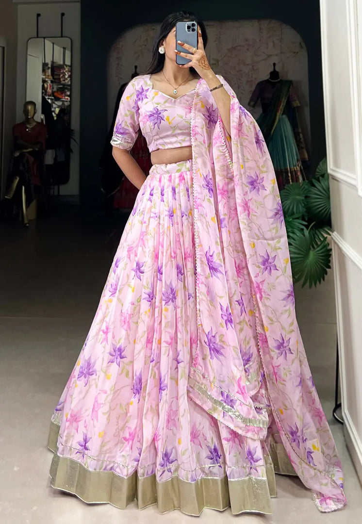 Pink Silk Floral print Lehenga choli
