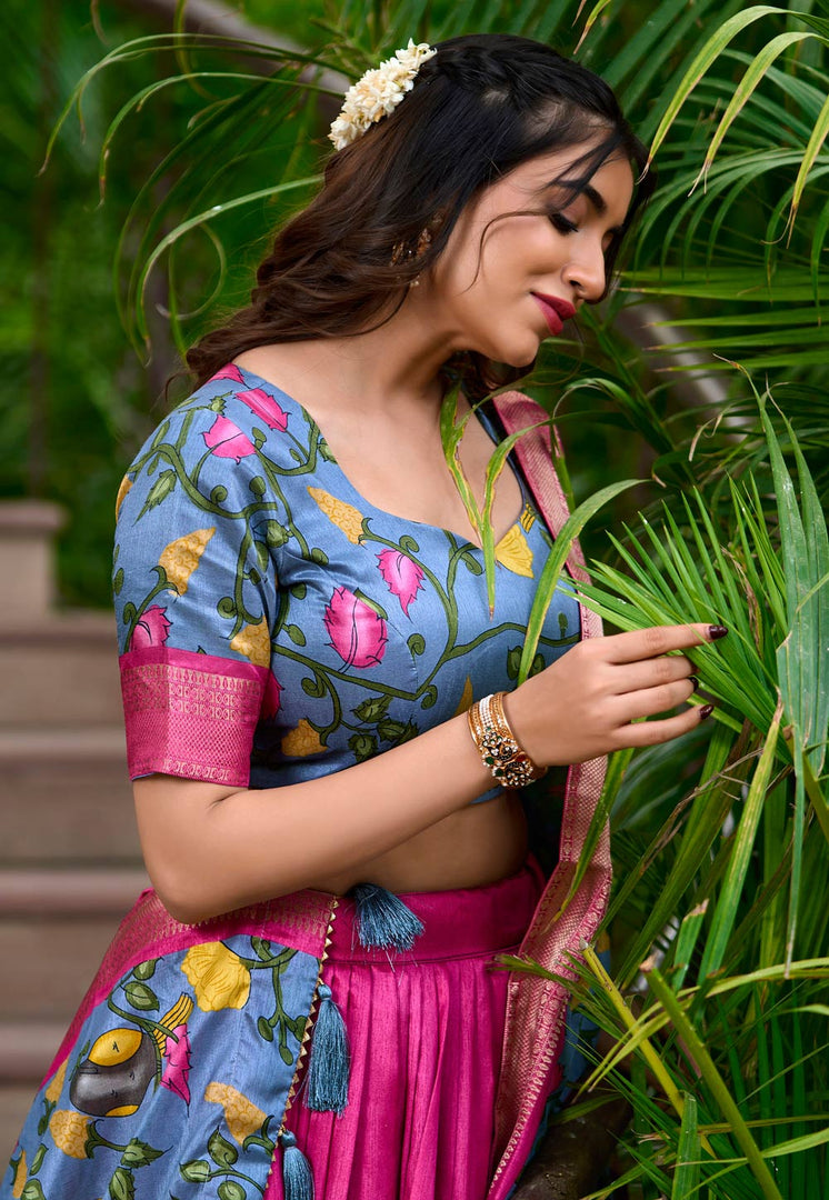 Pink Silk Floral print Lehenga choli