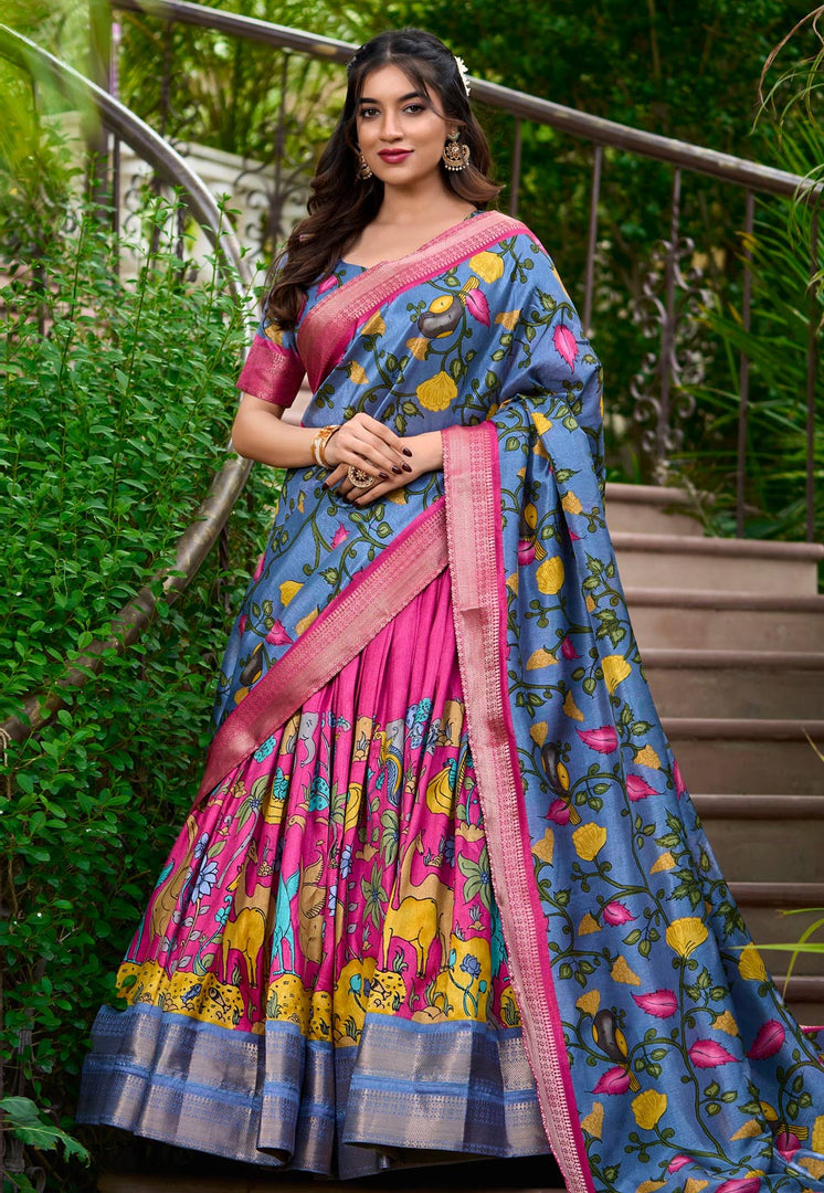 Pink Silk Floral print Lehenga choli