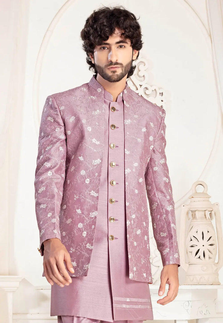 Pink Silk Jacket Style Sherwani