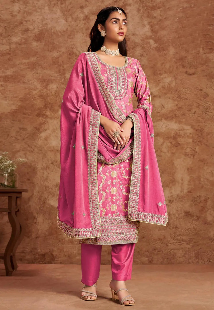 Pink Silk Jacquard Straight Suit