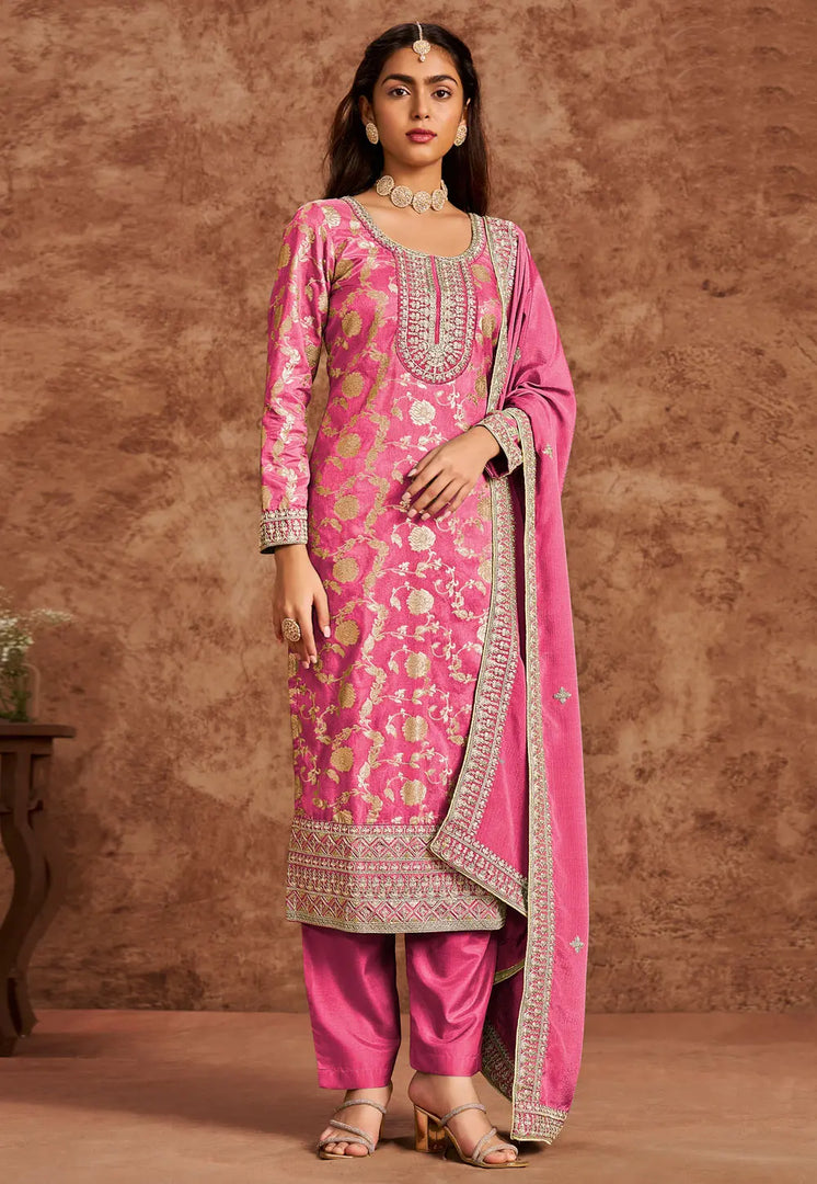 Pink Silk Jacquard Straight Suit