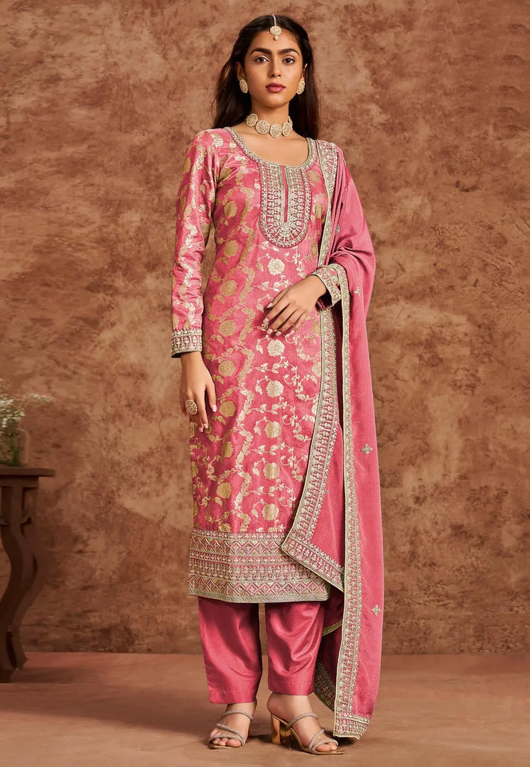 Pink Silk Jacquard Straight Suit