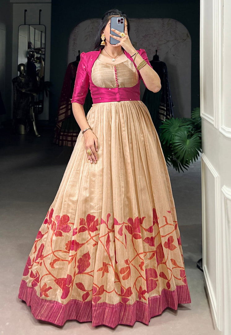 Pink Silk Printed Gown