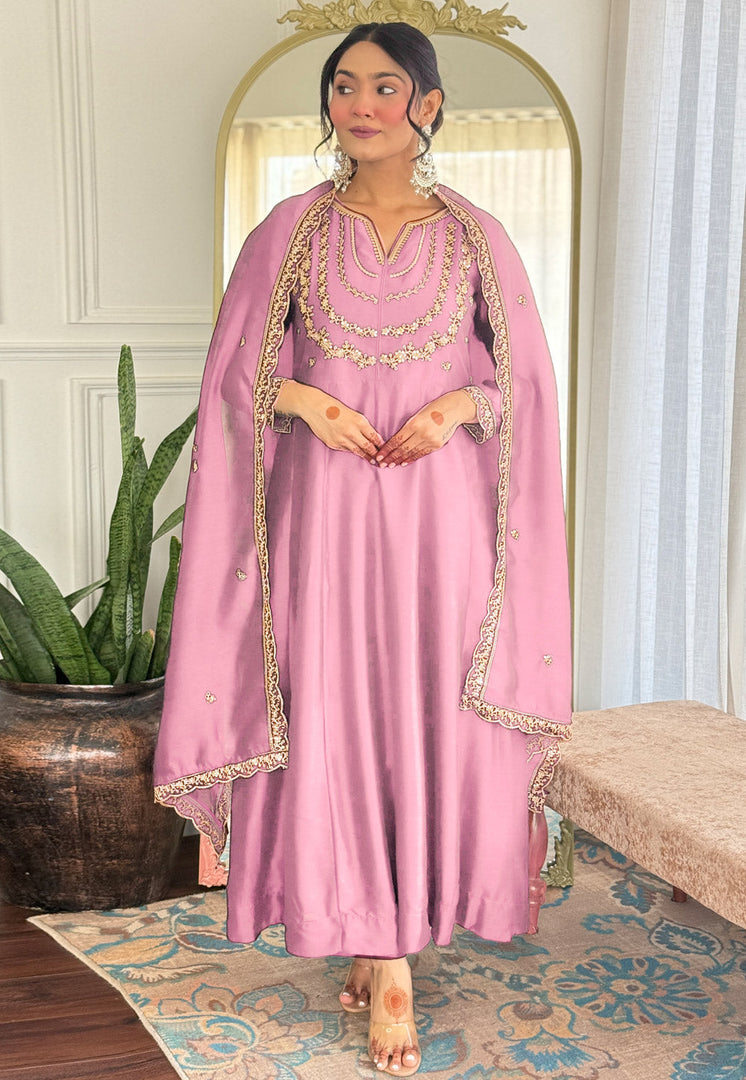 Pink Silk Readymade Long Anarkali Suit