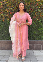 Load image into Gallery viewer, Pink Silk Readymade Pant Style Suit
