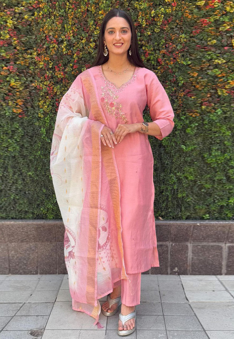 Pink Silk Readymade Pant Style Suit