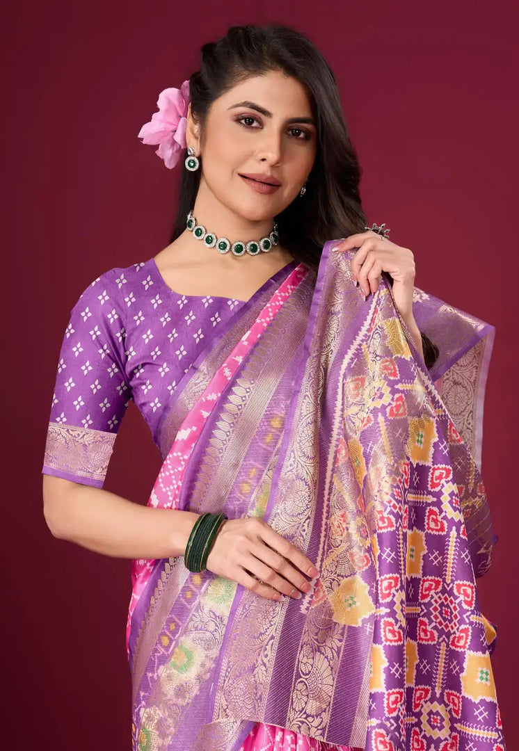 Pink Silk Satin Saree With Blouse