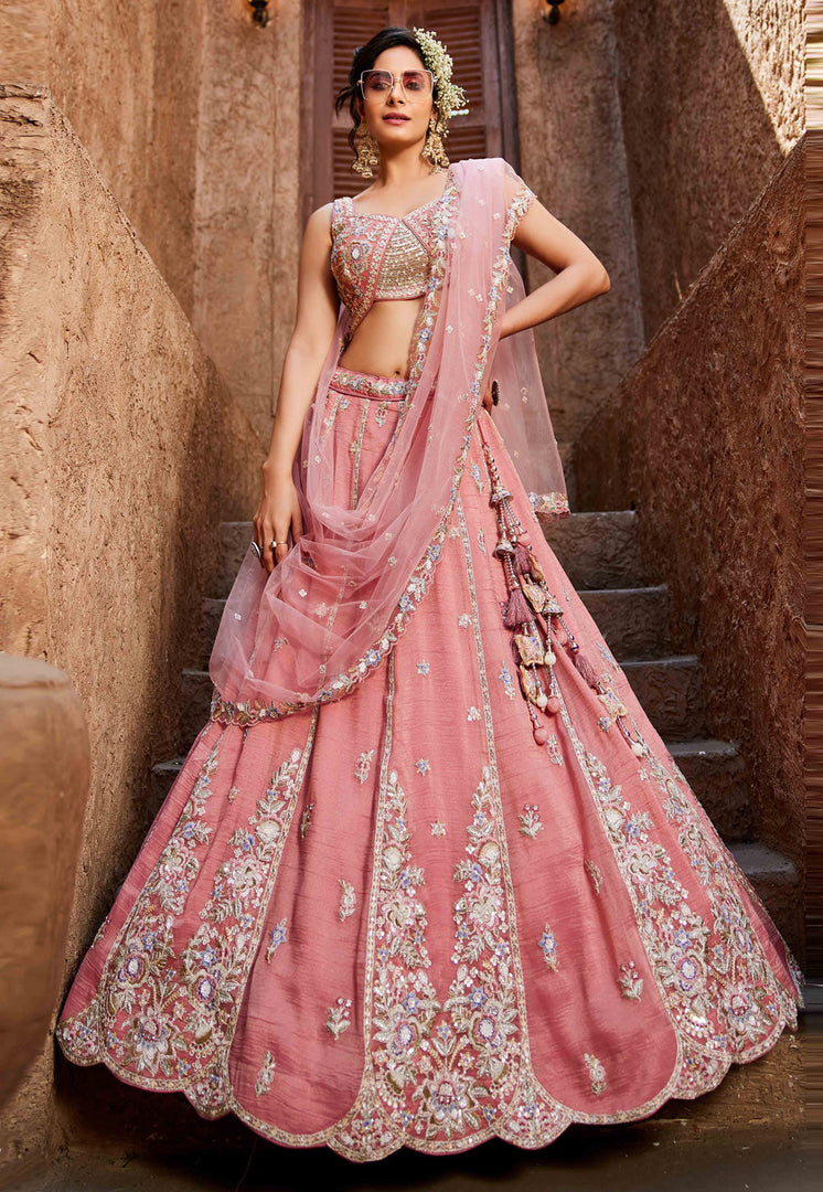 Pink Tissue Wedding Lehenga Choli