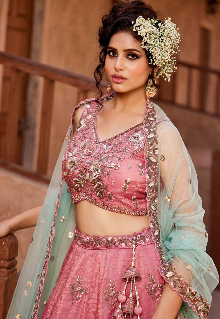 Pink Tissue Wedding Lehenga Choli