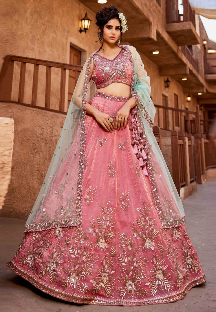 Pink Tissue Wedding Lehenga Choli