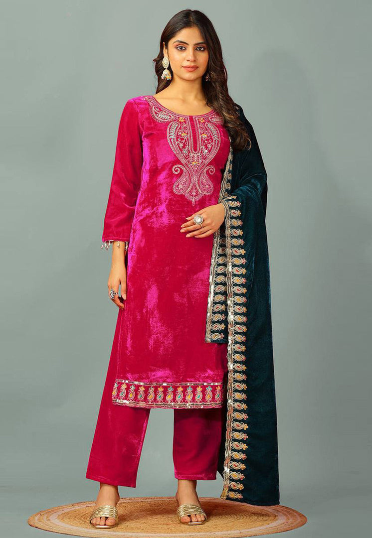 Pink Velvet Readymade Pant Style Suit