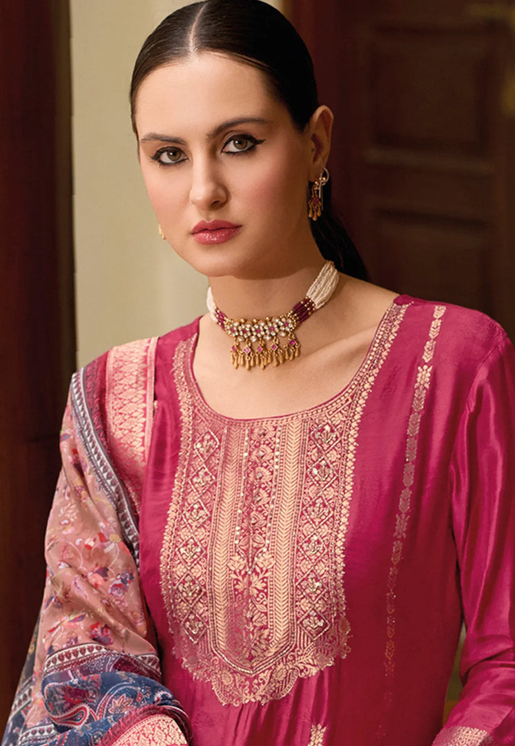 Pink Viscose Jacquard Readymade Pant Style Suit