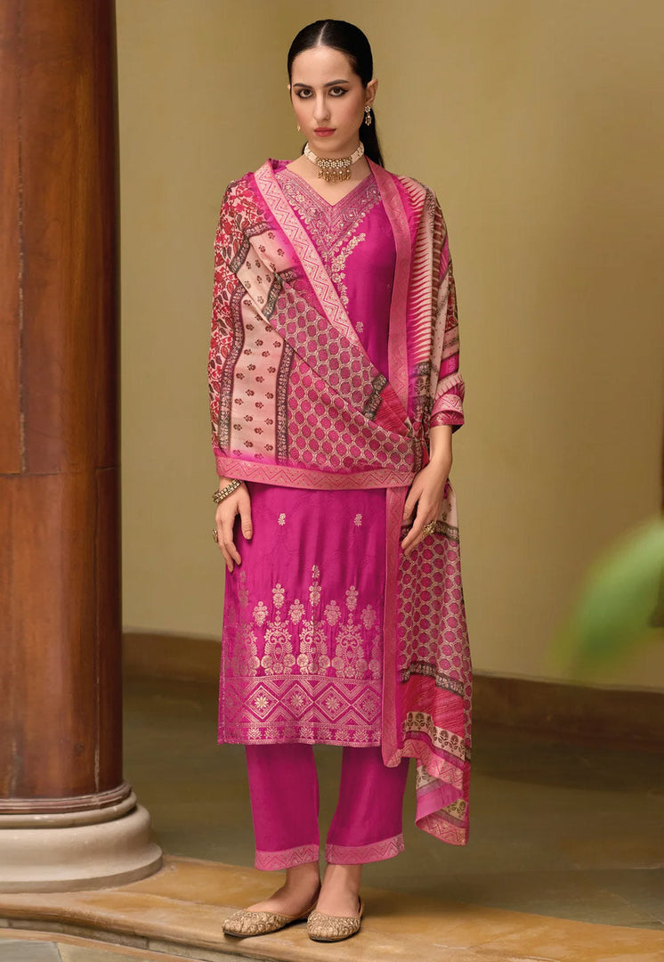 Pink Viscose Jacquard Readymade Pant Style Suit