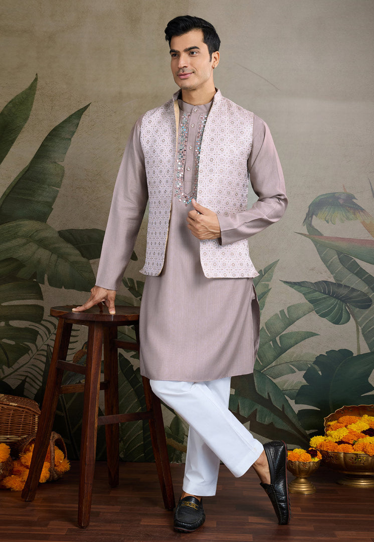 Pink Viscose Kurta Pajama With Jacket
