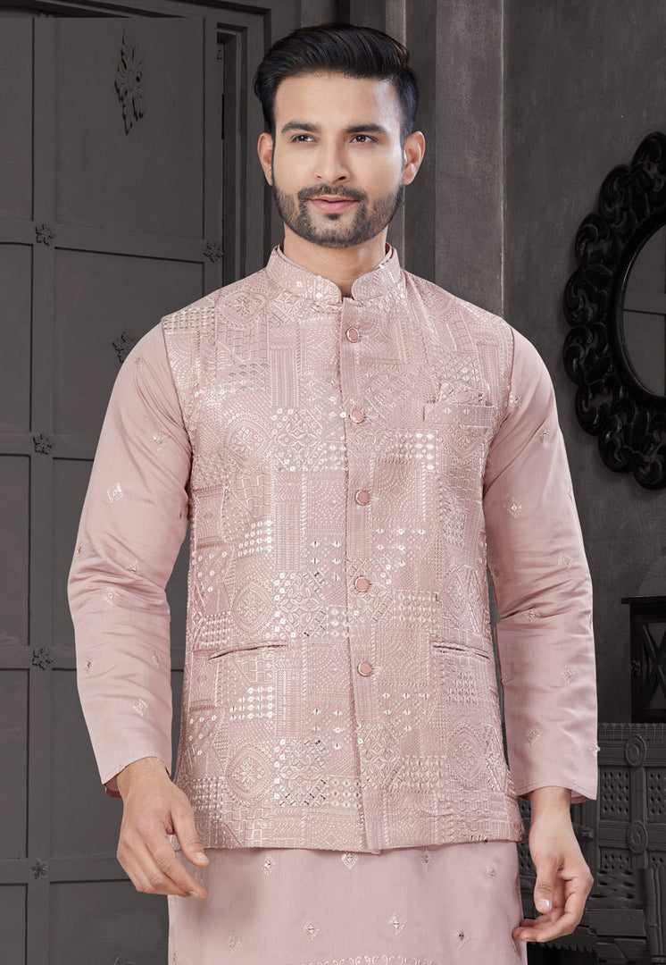 Pink Viscose Kurta Pajama With Jacket