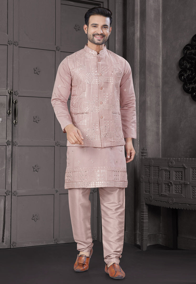 Pink Viscose Kurta Pajama With Jacket
