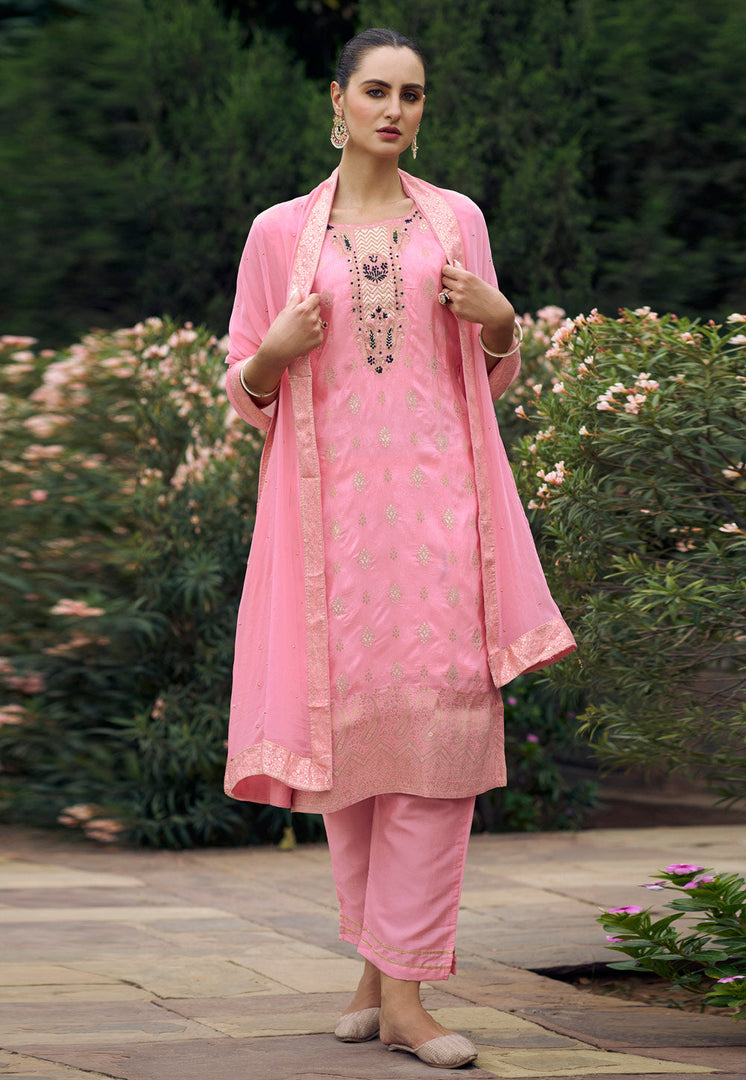 Pink Viscose Rayon Readymade Pant Style Suit