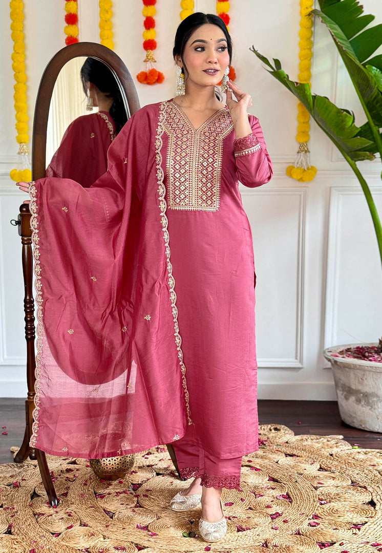 Pink Viscose Readymade Pant Style Suit