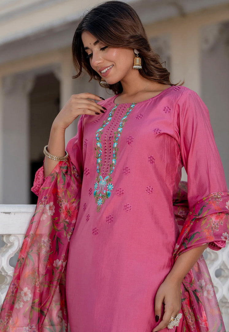 Pink Viscose Readymade Pant Style Suit