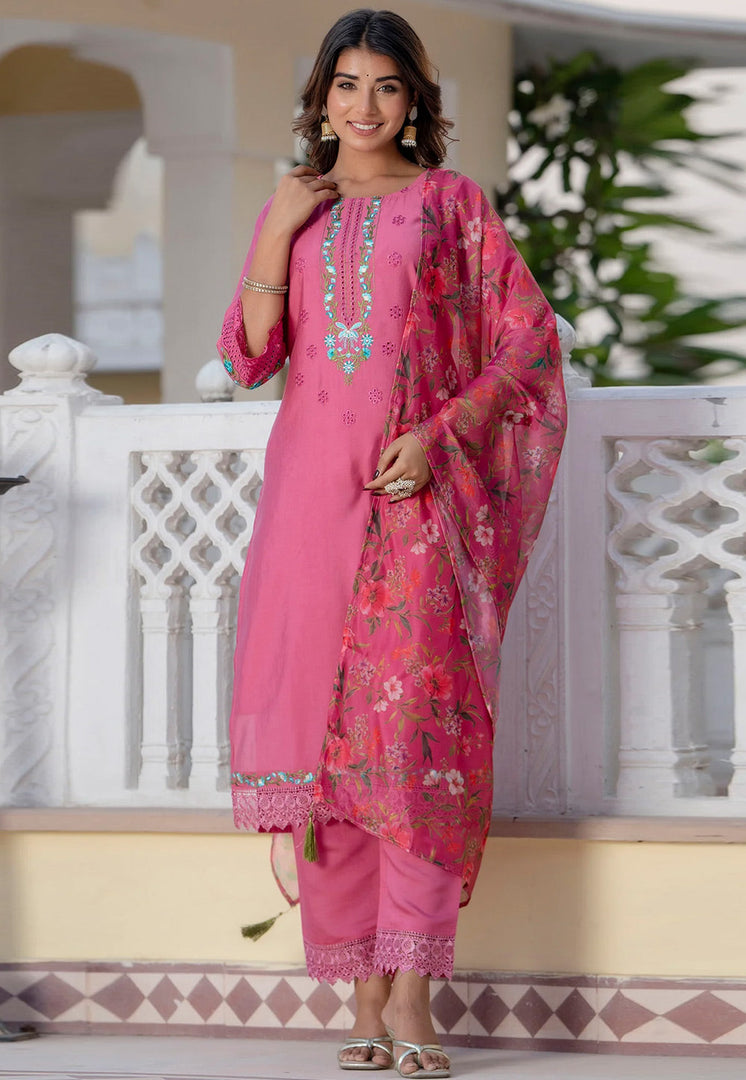 Pink Viscose Readymade Pant Style Suit