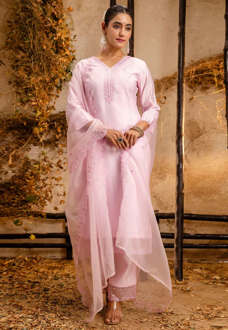 Pink Viscose Readymade Pant Style Suit