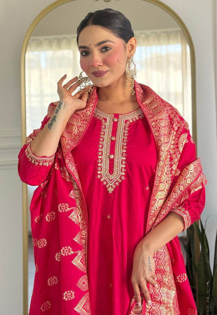 Pink Viscose Readymade Pant Style Suit
