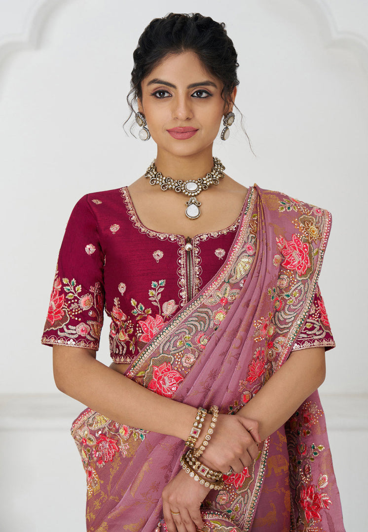Pink Viscose Saree With Blouse