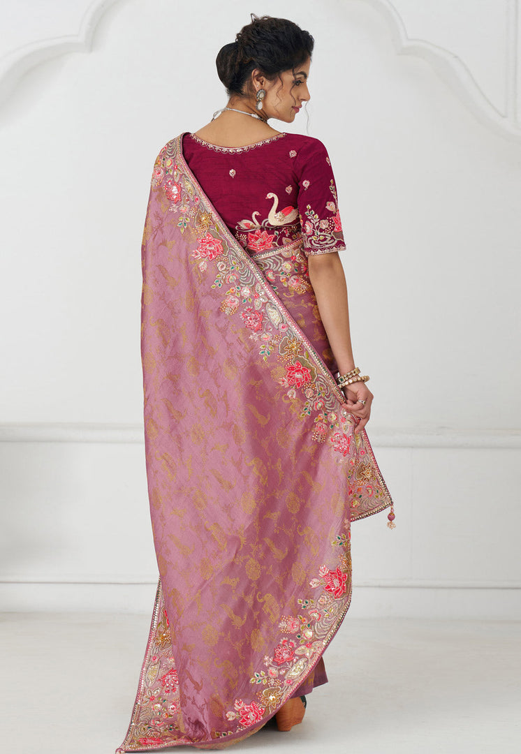 Pink Viscose Saree With Blouse