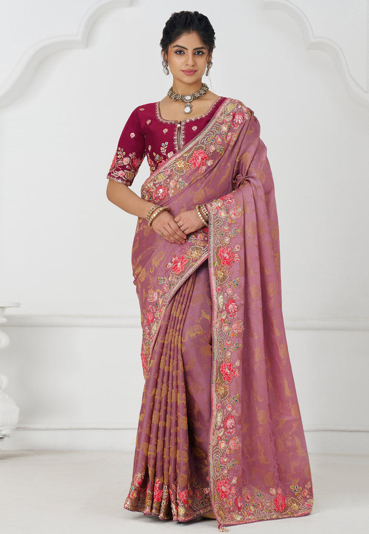 Pink Viscose Saree With Blouse