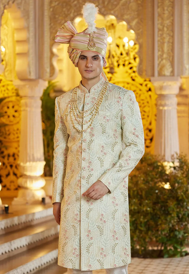 Pista Green Art Silk Achkan Style Sherwani With Stole