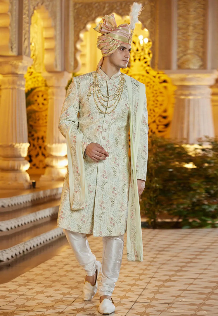 Pista Green Art Silk Achkan Style Sherwani With Stole