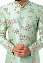 Load image into Gallery viewer, Pista Green Art Silk Indo Western Sherwani
