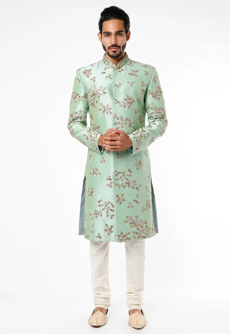 Pista Green Art Silk Indo Western Sherwani