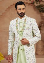 Load image into Gallery viewer, Pista Green Banarasi Silk Jacket Style Sherwani
