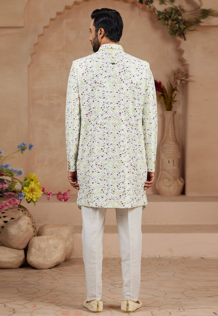 Pista Green Banarasi Silk Jacket Style Sherwani