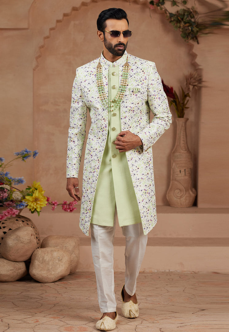 Pista Green Banarasi Silk Jacket Style Sherwani