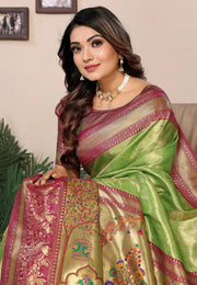 Pista Green Banarasi Silk Saree With Blouse