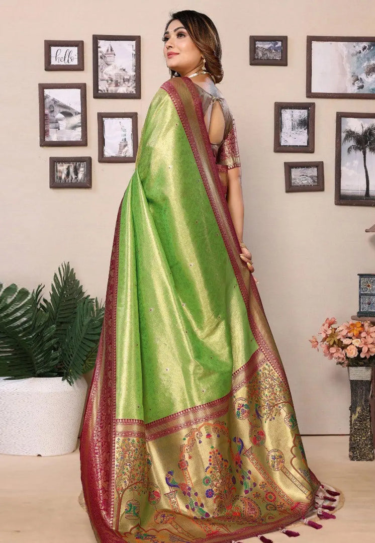 Pista Green Banarasi Silk Saree With Blouse