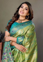 Pista Green Banarasi Silk Saree With Blouse