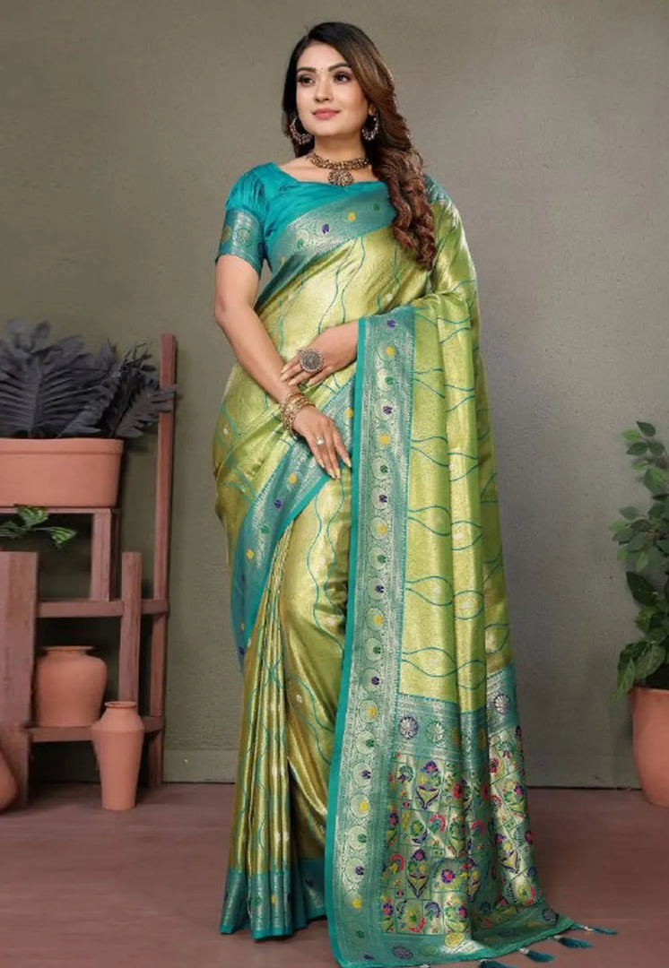 Pista Green Banarasi Silk Saree With Blouse