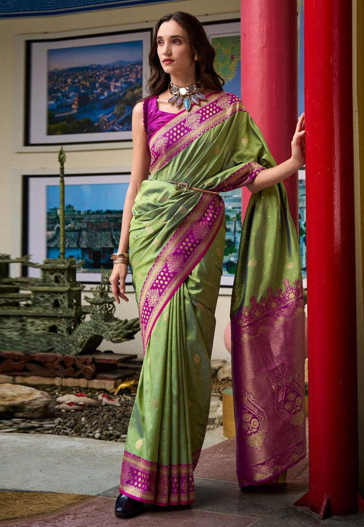 Pista Green Banarasi Silk Saree With Blouse