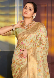 Pista Green Banarasi Silk Saree With Blouse