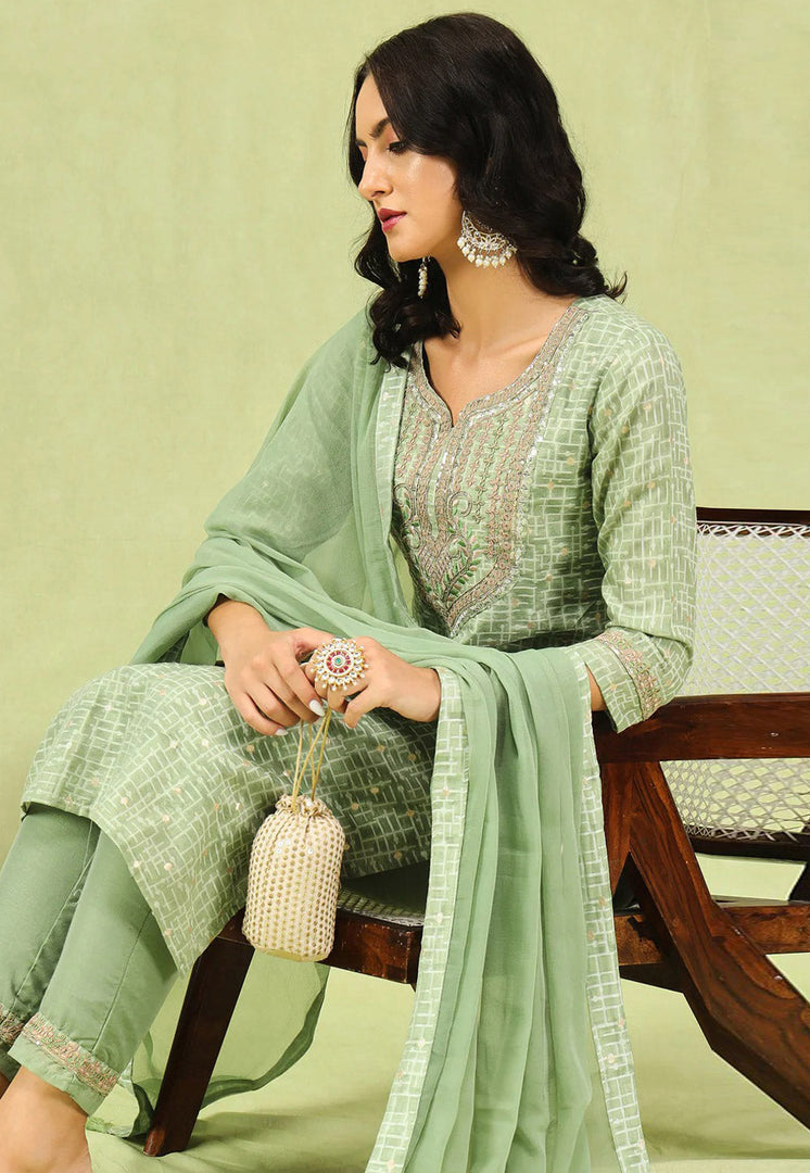 Pista Green Chanderi Readymade Pakistani Suit