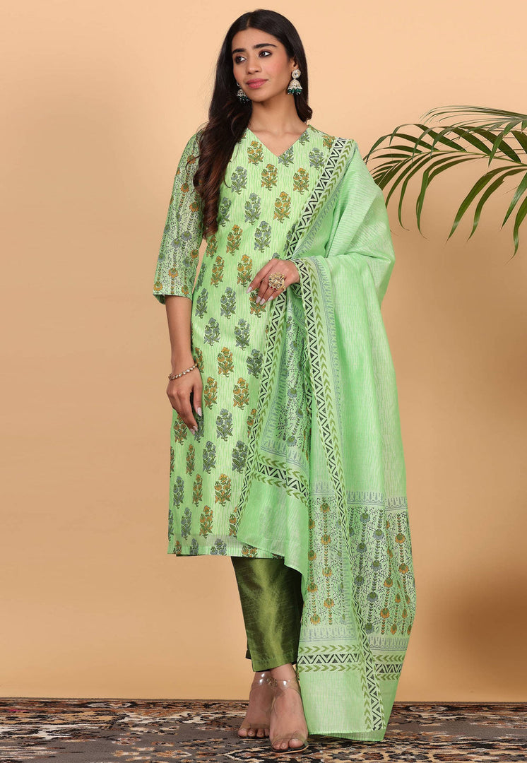 Pista Green Chanderi Readymade Pant Style Suit