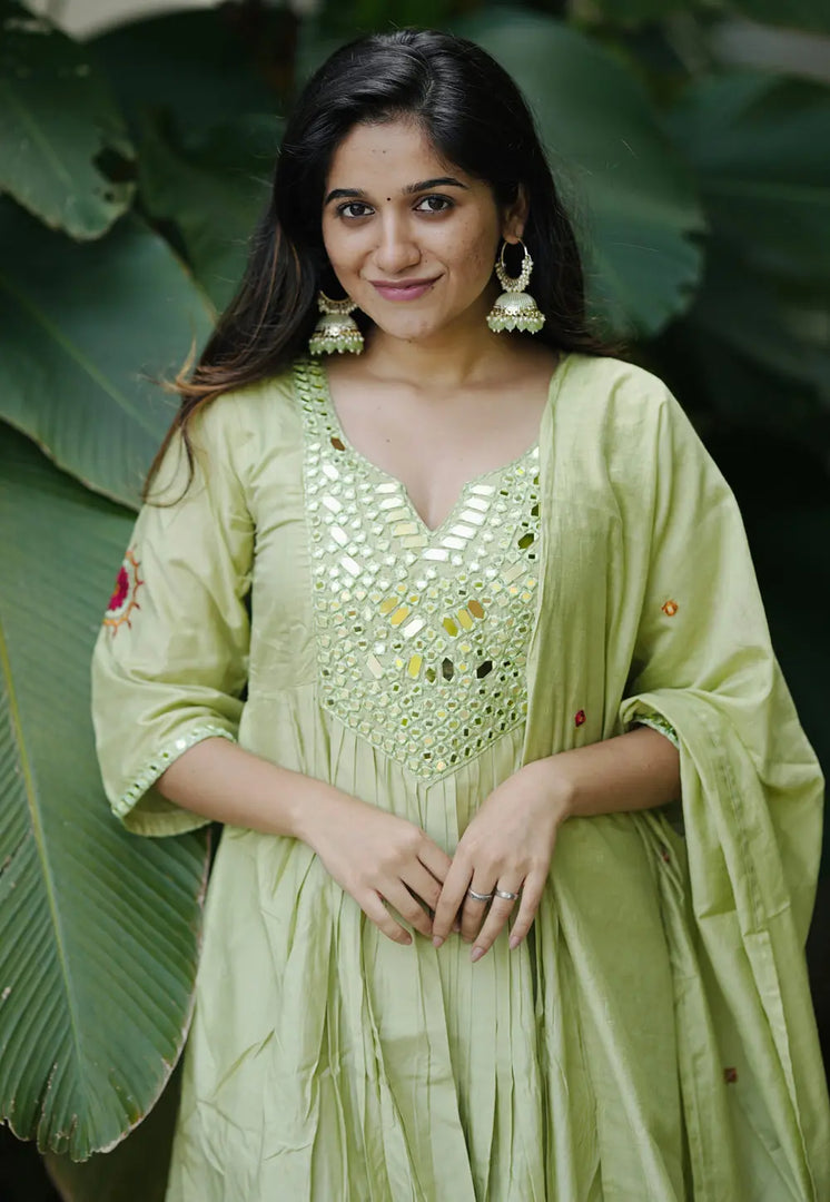 Pista Green Chanderi Silk Readymade Anarkali Suit